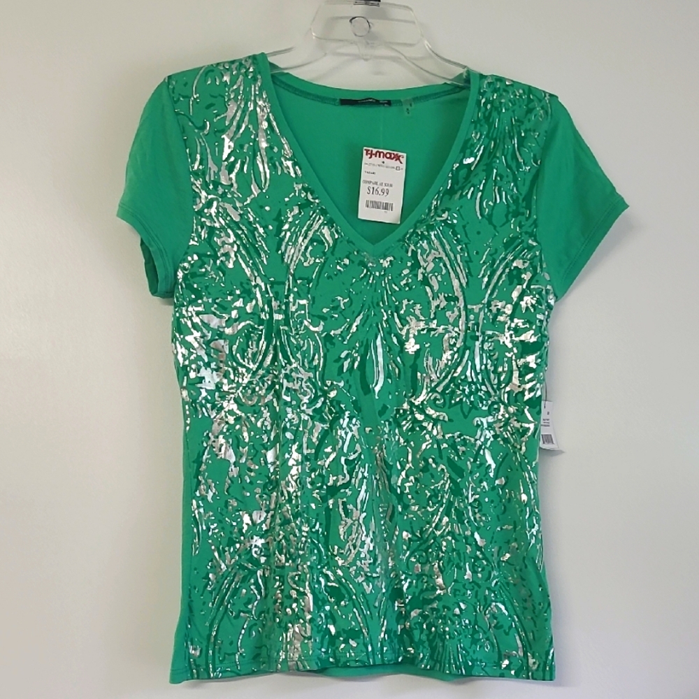 NWT Tahari Juniper Breeze Green With Silver Accent Bally Knit SZ M